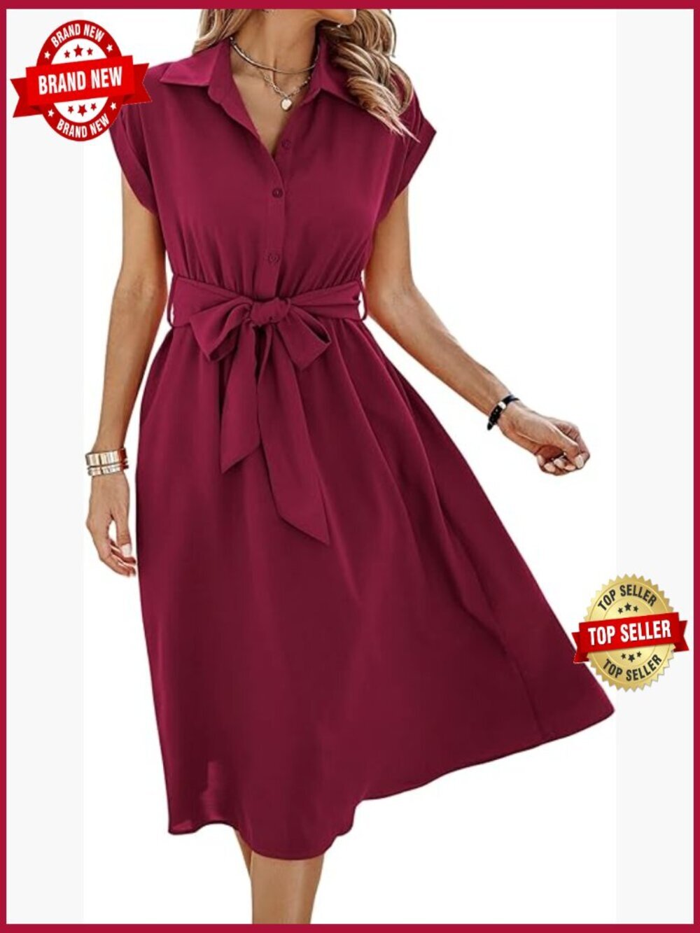 V Neck Short Sleeve Button Belted Midi Dress with Pockets